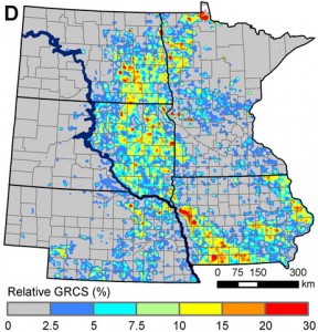 Hot spots of grassland conversion: This map shows the percentage of existing grasslands that were converted into corn or soybean fields between 2006 and 2011.