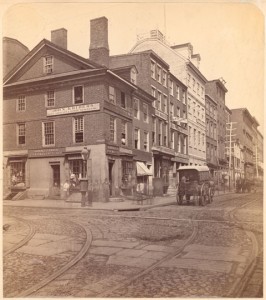 Walnut & Second St, Philadelphia, Circa 1871. John Krider was on the corner, Wm. Robertson and A. Peterman were next door.