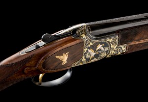 One-of-a-Kind Angelo Bee Exhibition Grade Engraved and 4-Color Gold Inlaid Belgian Browning Model 25