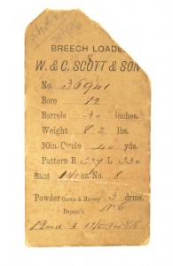 Original Hang Tag for 12 gauge W. & C. Scott double barrel shotgun, 1885