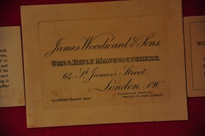 Original label on the  James Woodward & Sons oak & leather Over Under Shotgun Case