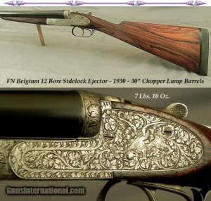 FN BELGIUM 12 SIDELOCK- 98% ENGRAVING with GROTESQUE GARGOYLES or DRAGONS- 1930- 30" EJECT CHOPPER LUMP